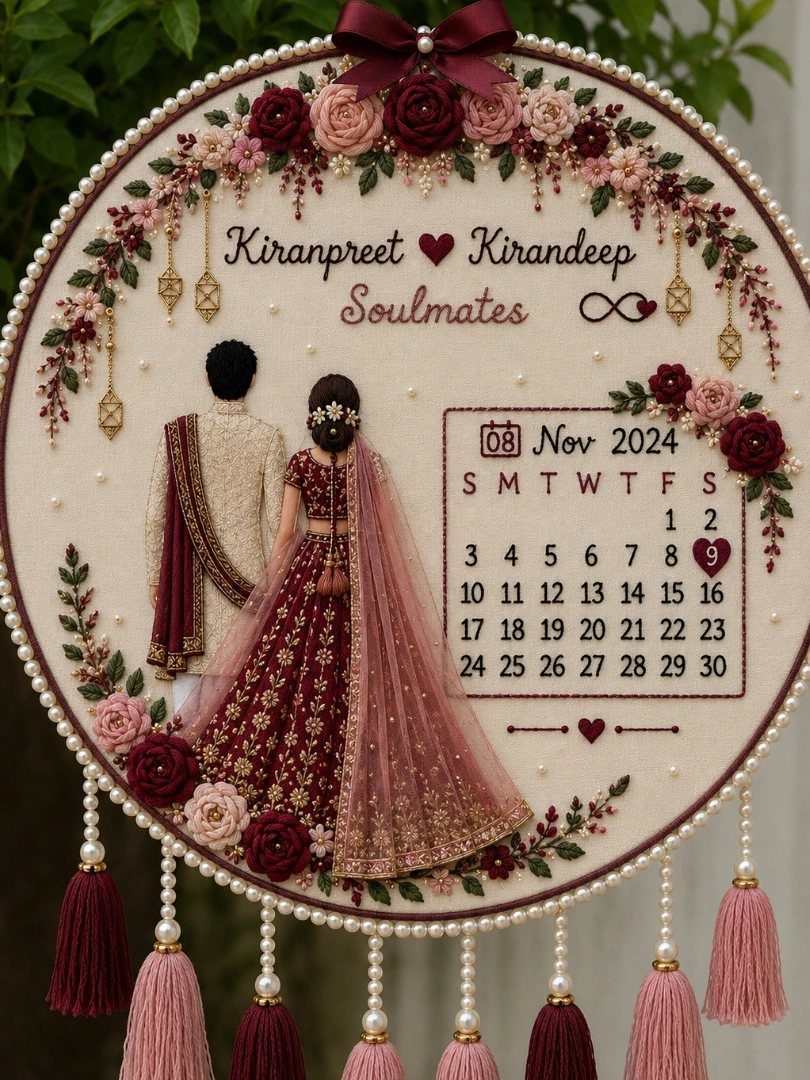 Embroidered wedding hoop with a couple in traditional Indian attire and a calendar.