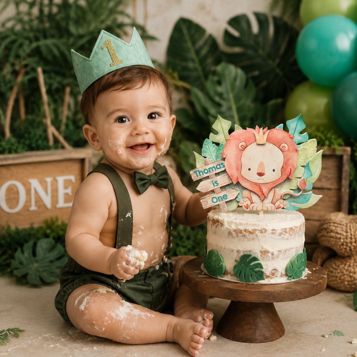 Baby boy with cake on face sitting by a safari themed smash cake