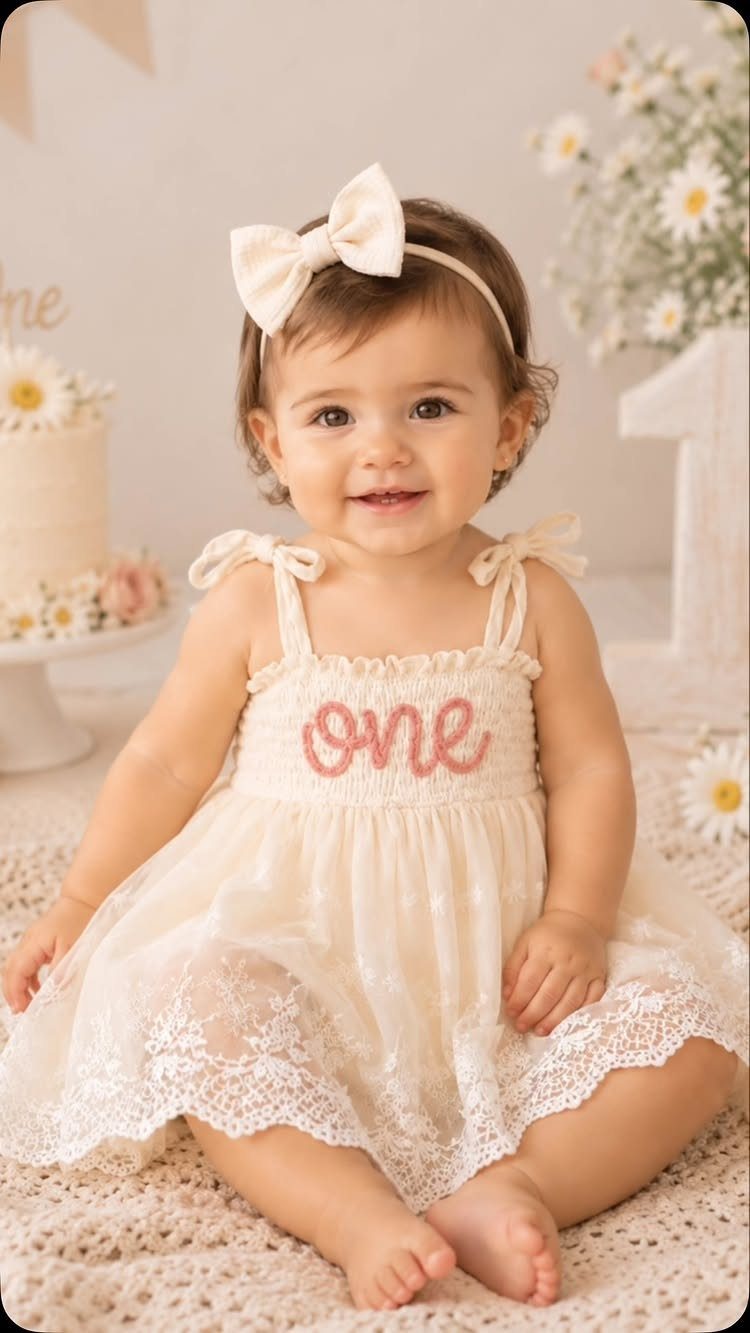 Baby girl in a lace dress sitting next to a first birthday cake.