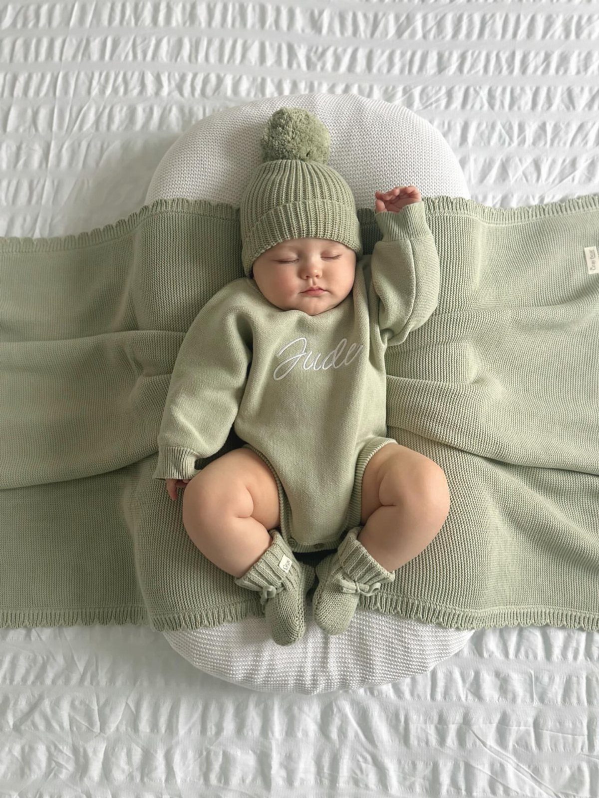 Sleeping newborn baby wearing a sage green knitted outfit and matching pom-pom beanie.