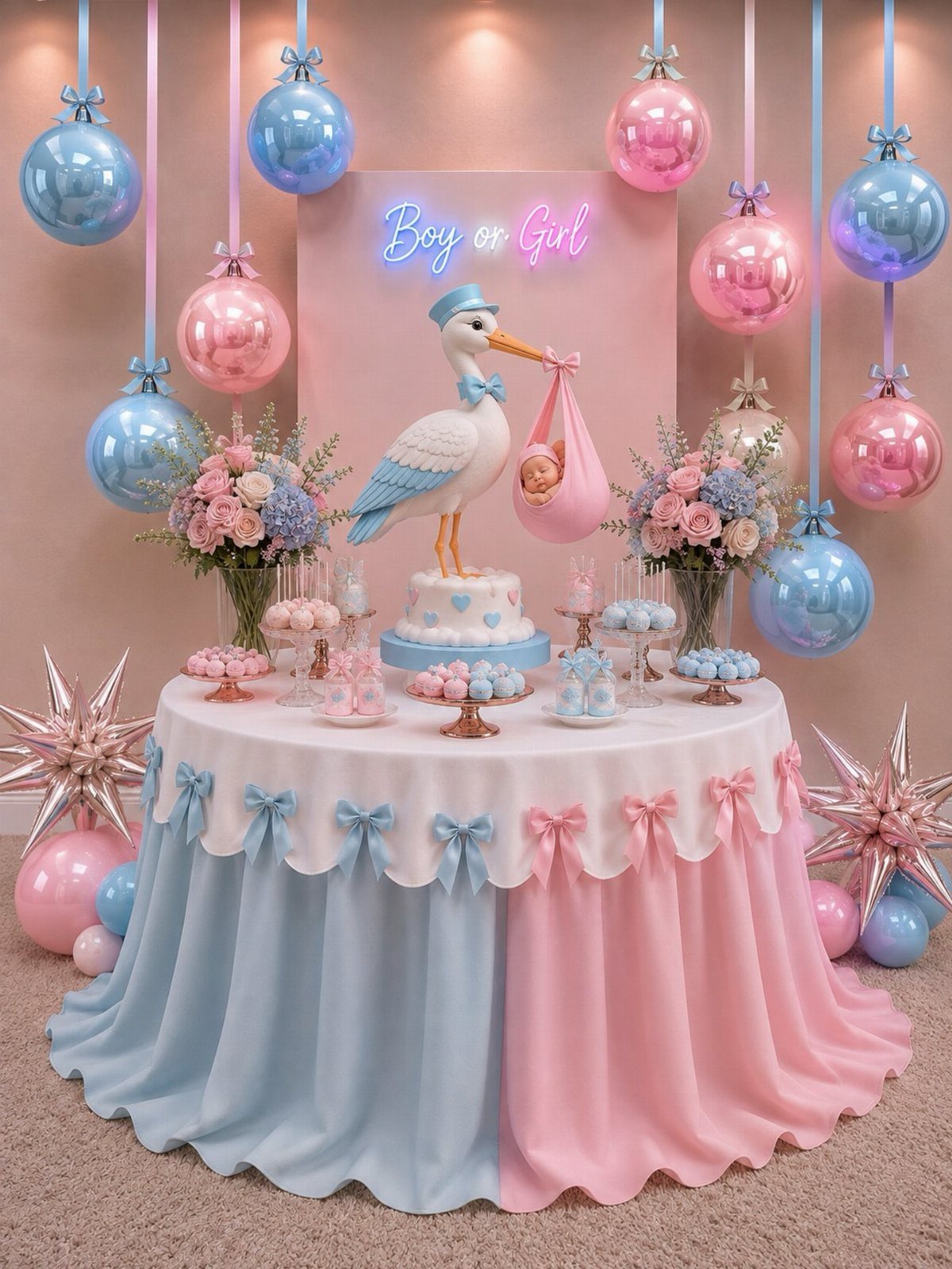 Gender reveal table featuring pink and blue floral arrangements and themed decorations.