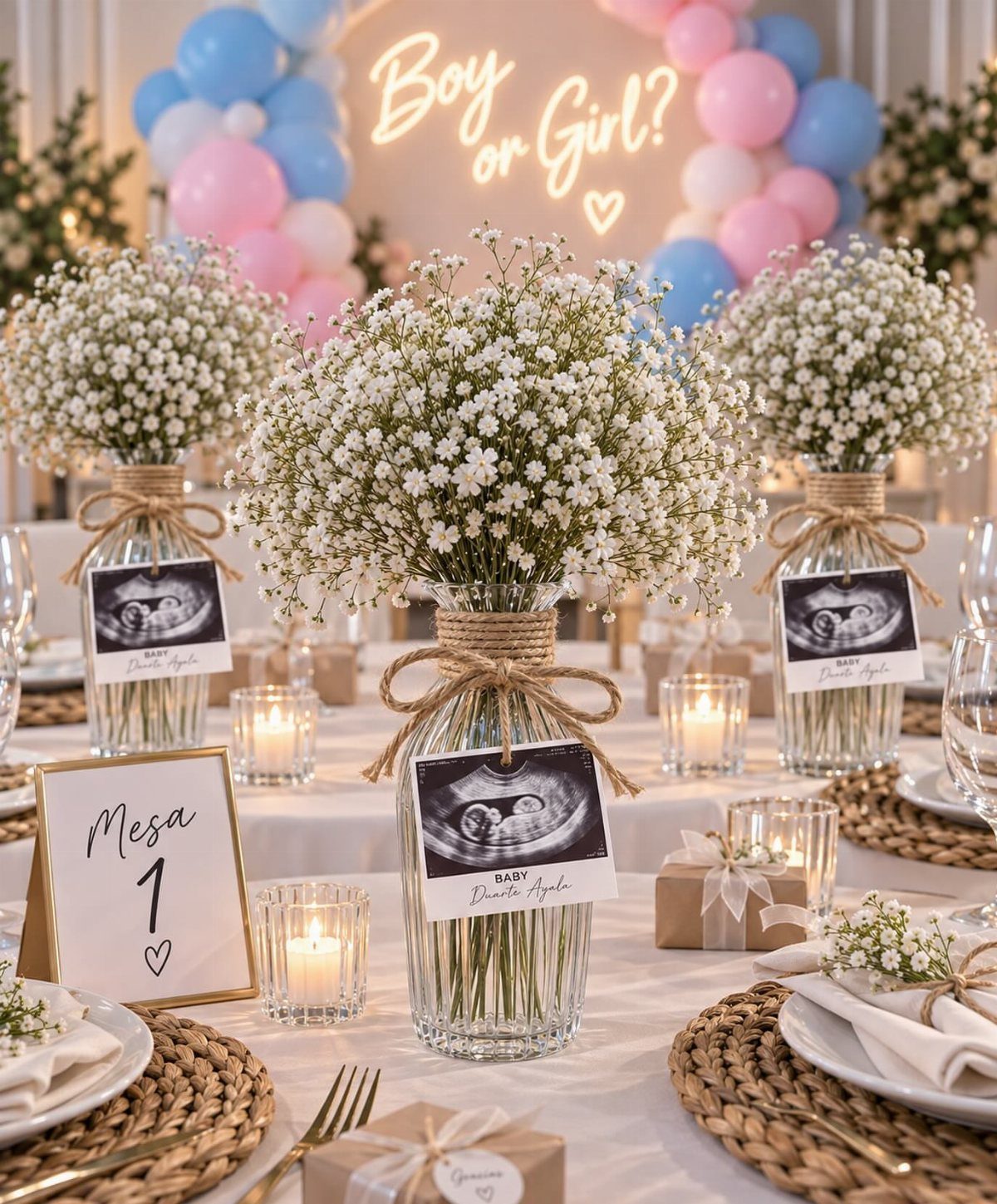 Table setting with baby's breath flowers, ultrasound photos, and gender reveal balloons.