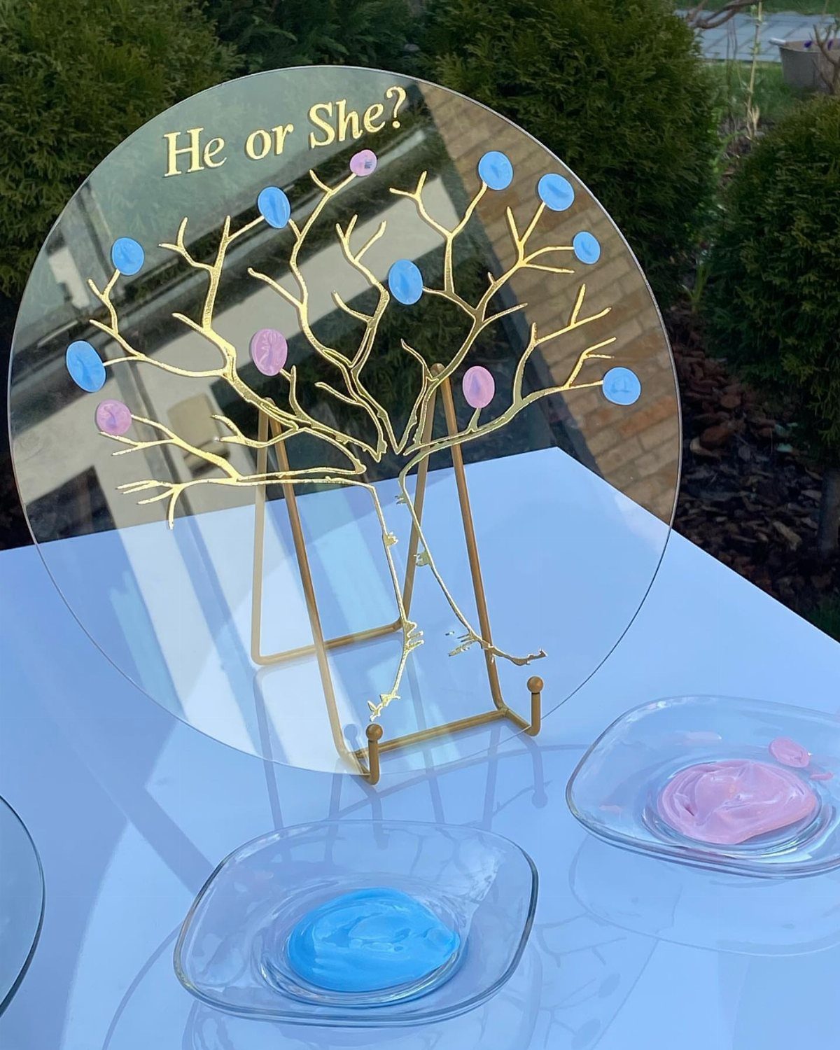 Acrylic gender reveal guest book with a gold tree and colorful fingerprints.