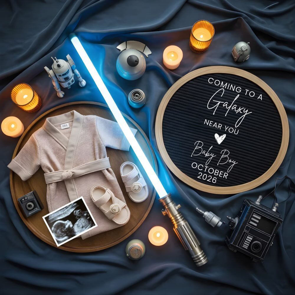 Blue glowing lightsaber and baby clothes arranged with an ultrasound and letter board.