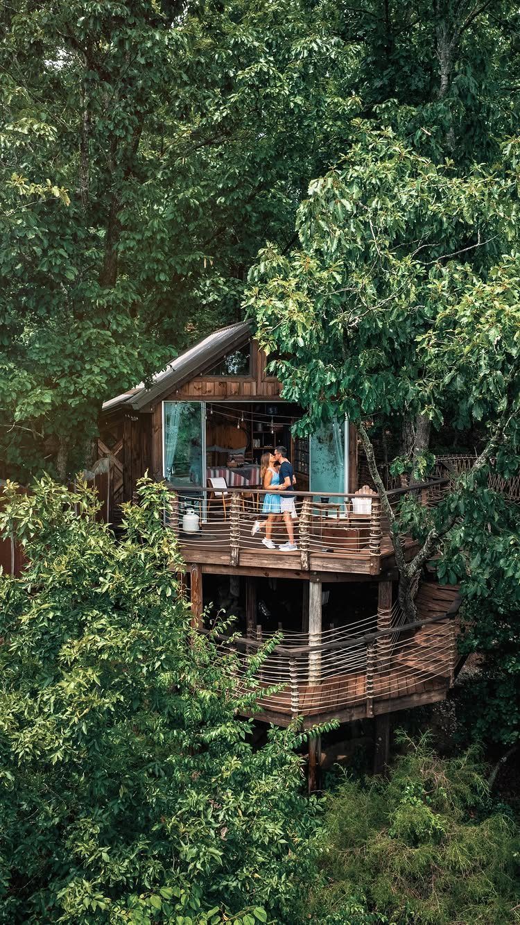 Couple embracing on the deck of a modern cabin surrounded by green forest trees