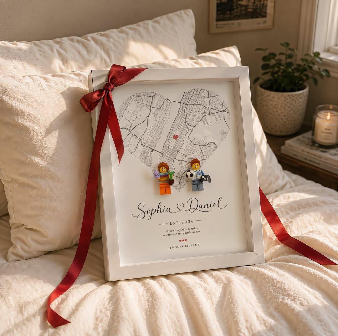 Heart-shaped city map print with Lego figures and names in a white frame.