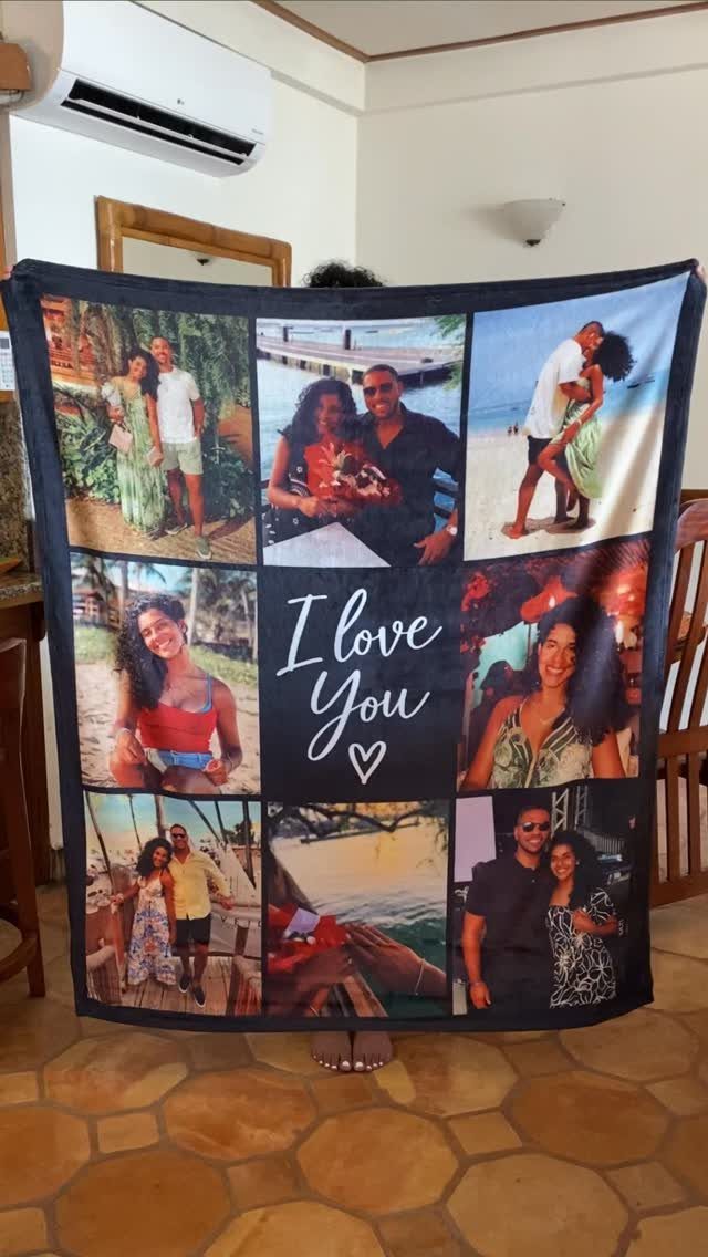 Custom photo blanket with a grid of couple photos and I love you text.