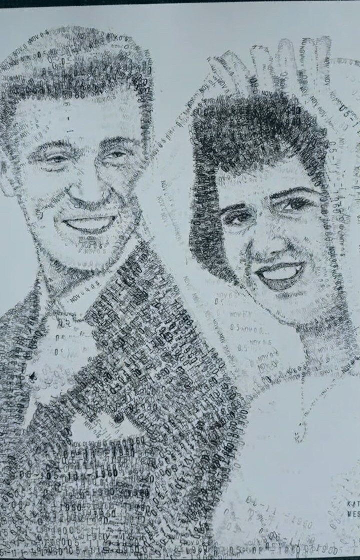 Artistic black and white portrait of a couple created using tiny text.