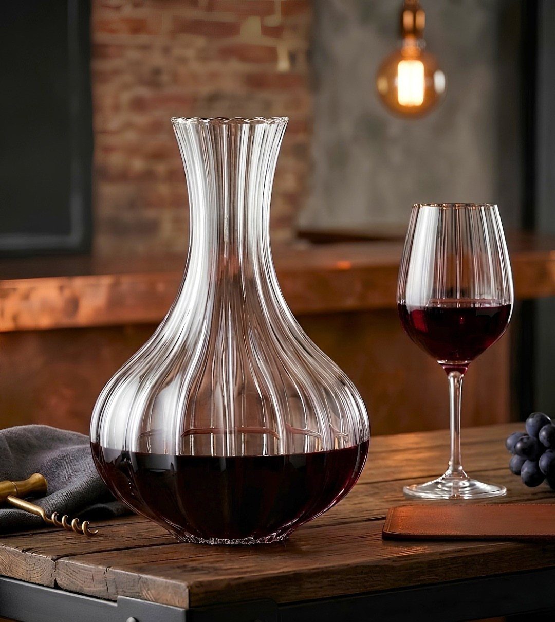 Ribbed glass wine decanter and glass filled with red wine on wooden table