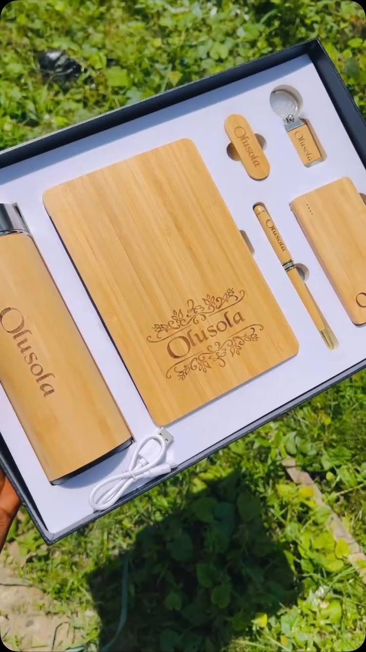 Bamboo gift set with engraved name including notebook, bottle, and pen in box