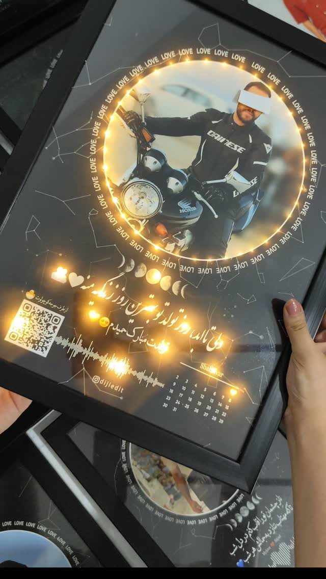 Personalized light-up anniversary plaque featuring a man with a motorcycle and romantic details.