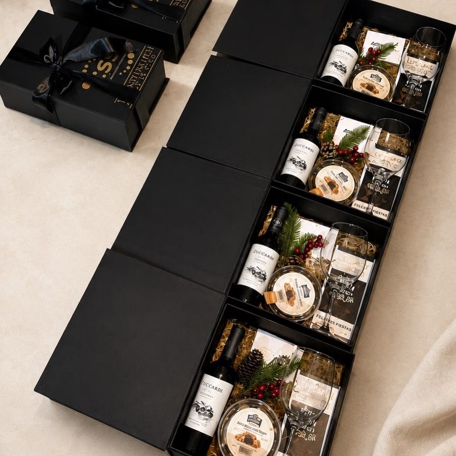 Wine and gourmet food gift sets in black boxes with decorative greenery.