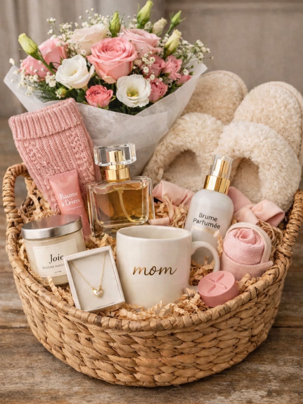Wicker gift basket for mom with roses, heart necklace, mug, and spa items.