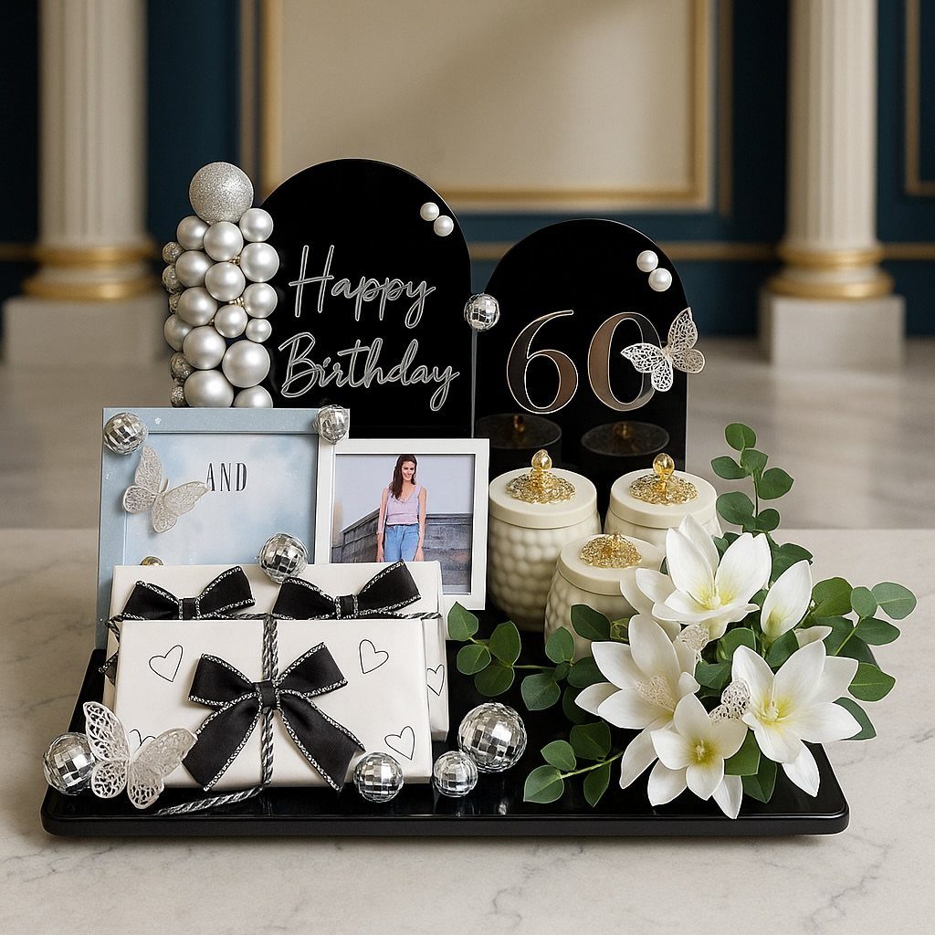 Birthday gift set with white lilies, wrapped presents, and a 60th birthday sign.