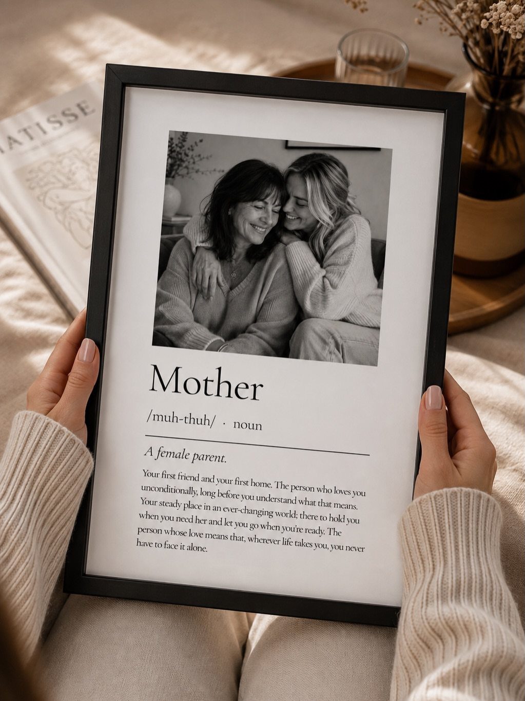 Framed personalized print with a photo of a mother and daughter and definition text