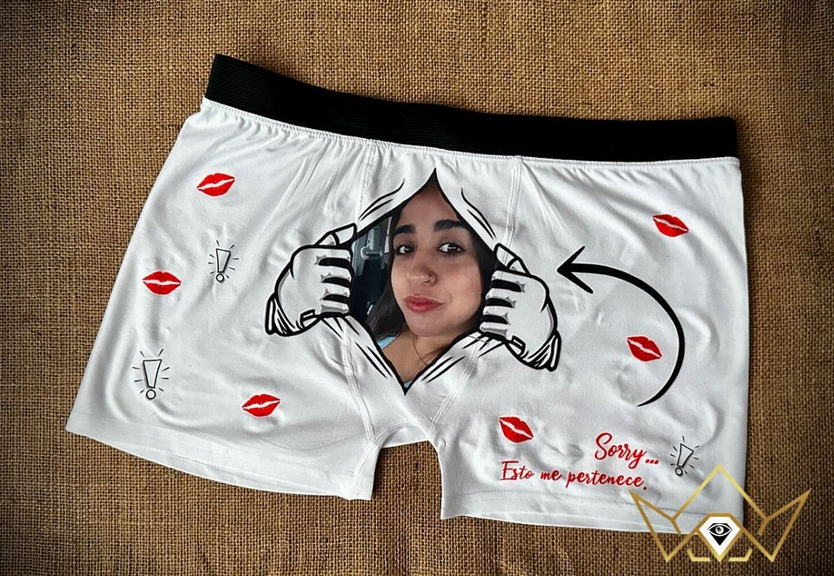 White boxer briefs with a custom photo of a woman and red lips.
