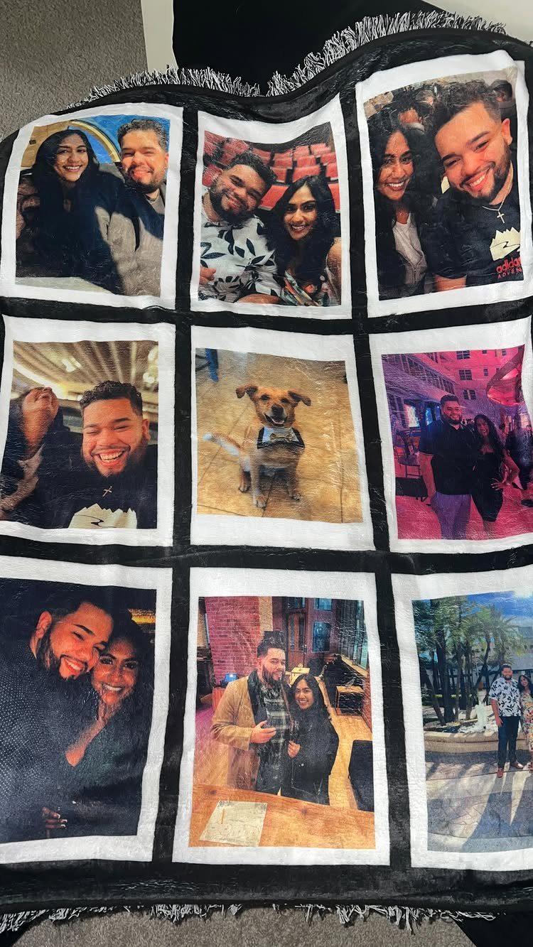 Custom photo blanket featuring a grid of couple photos and their dog.