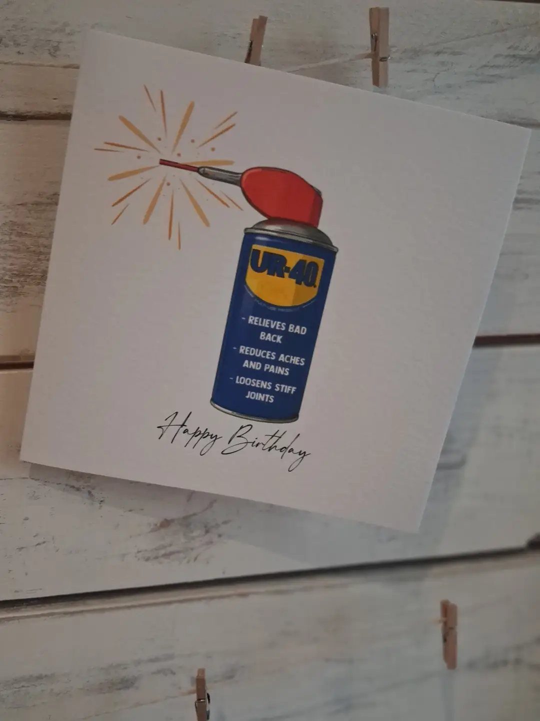Funny 40th birthday card showing a spray can for aging joints and pains.