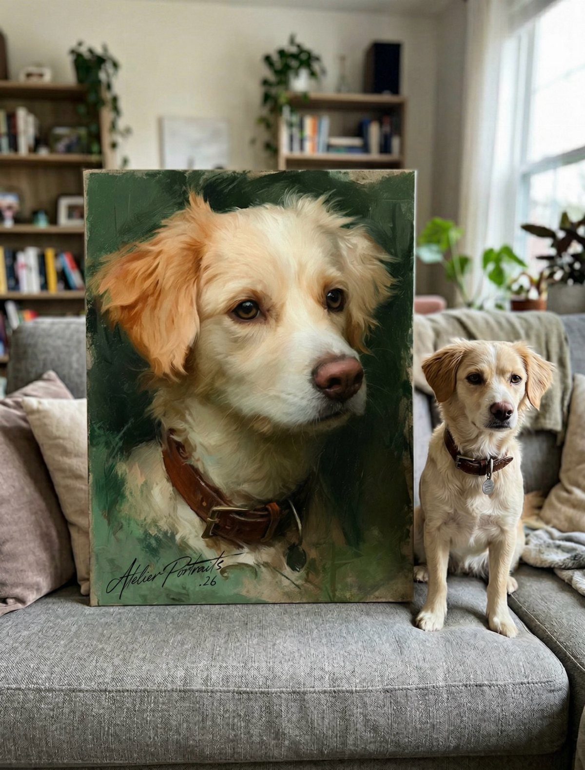 Golden retriever sitting on a grey sofa next to its hand-painted portrait canvas.
