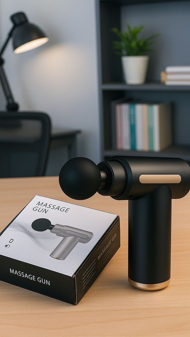 Black handheld massage gun and its packaging box on a wooden table.