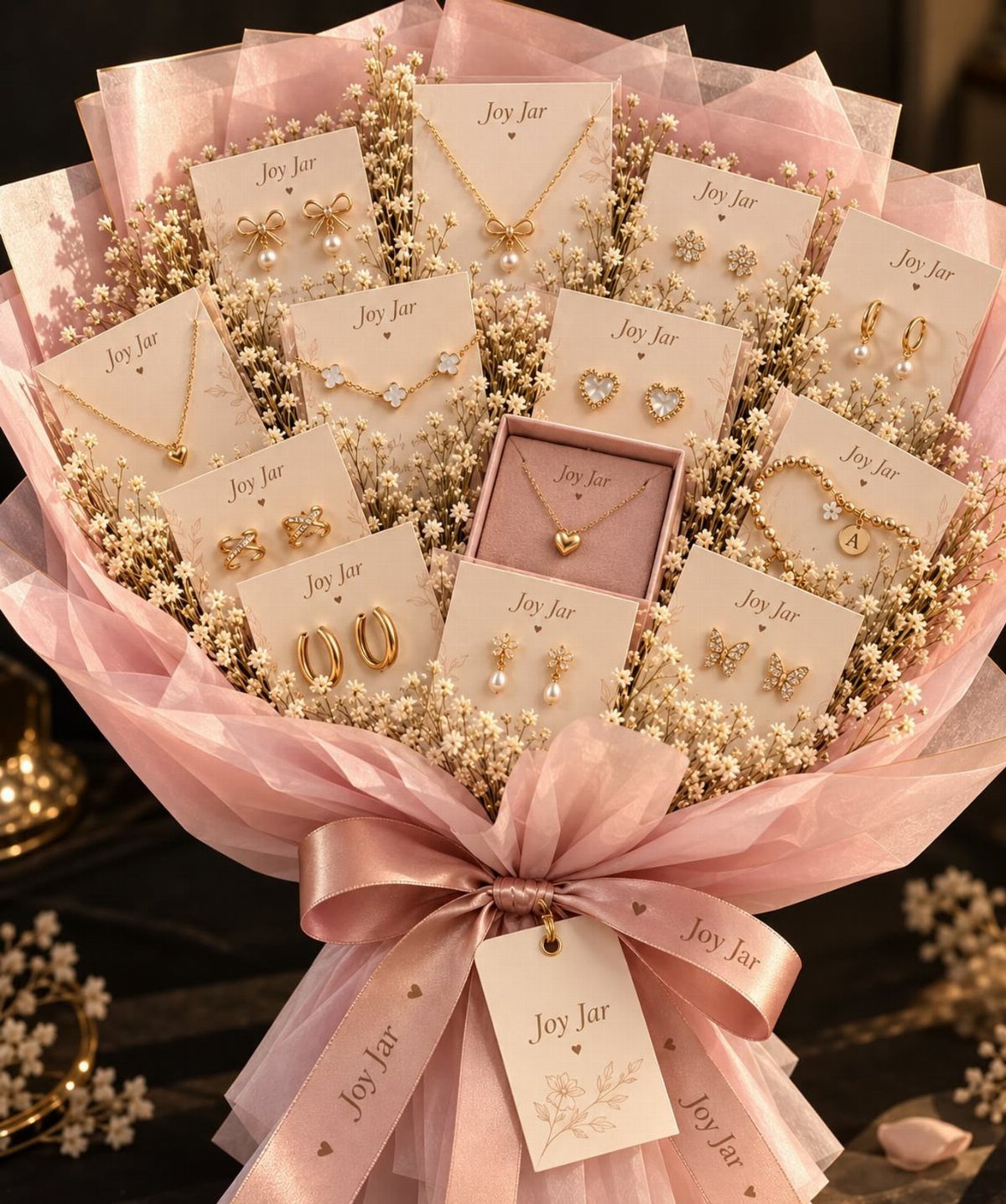 Gold jewelry bouquet with necklaces and earrings arranged among white dried flowers.