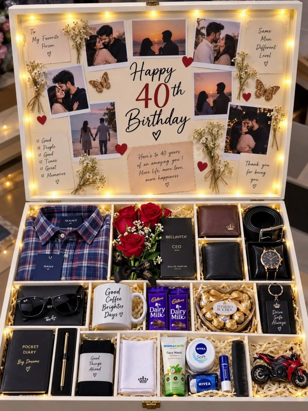 Open birthday gift box for a 40th birthday containing clothing, accessories, and chocolates.