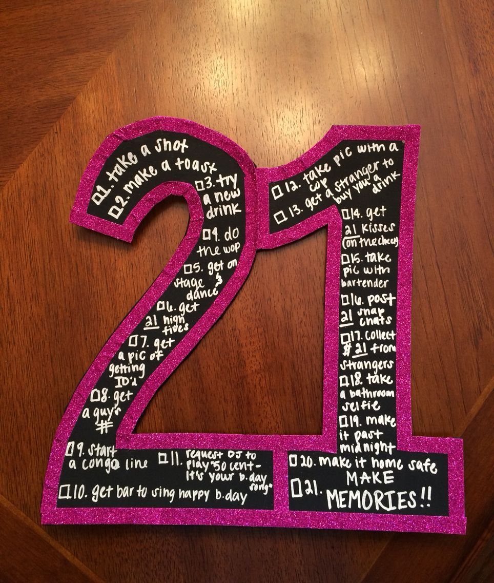 Number 21 cutout with pink glitter border and handwritten challenge checklist on black background