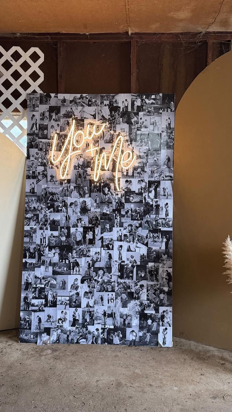 Photo collage sign with a glowing neon You and Me sign on top