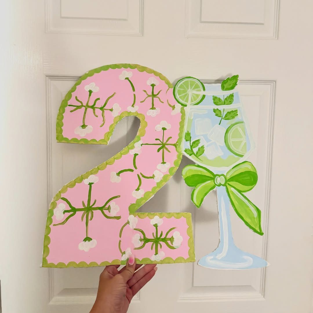 Handmade pink number 2 and champagne glass sign with green floral accents