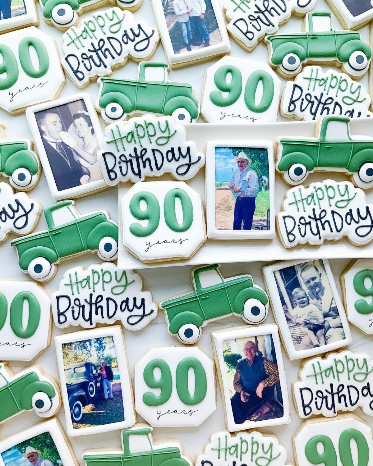 Decorated birthday cookies with green trucks, the number 90, and edible family photos.