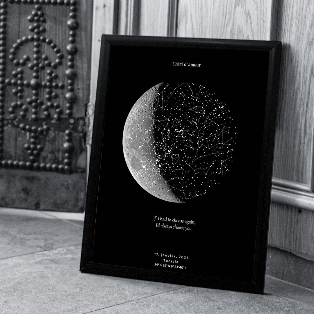 Framed custom star map with a crescent moon and constellations on black background