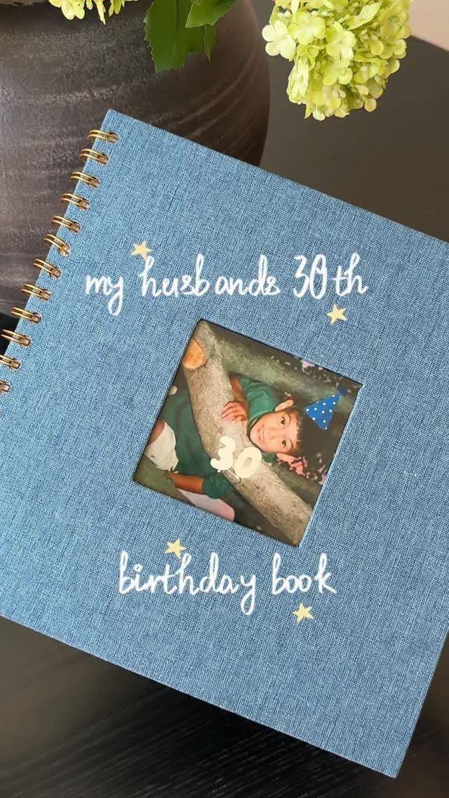 Blue fabric birthday book for a husband's 30th birthday with a childhood photo.