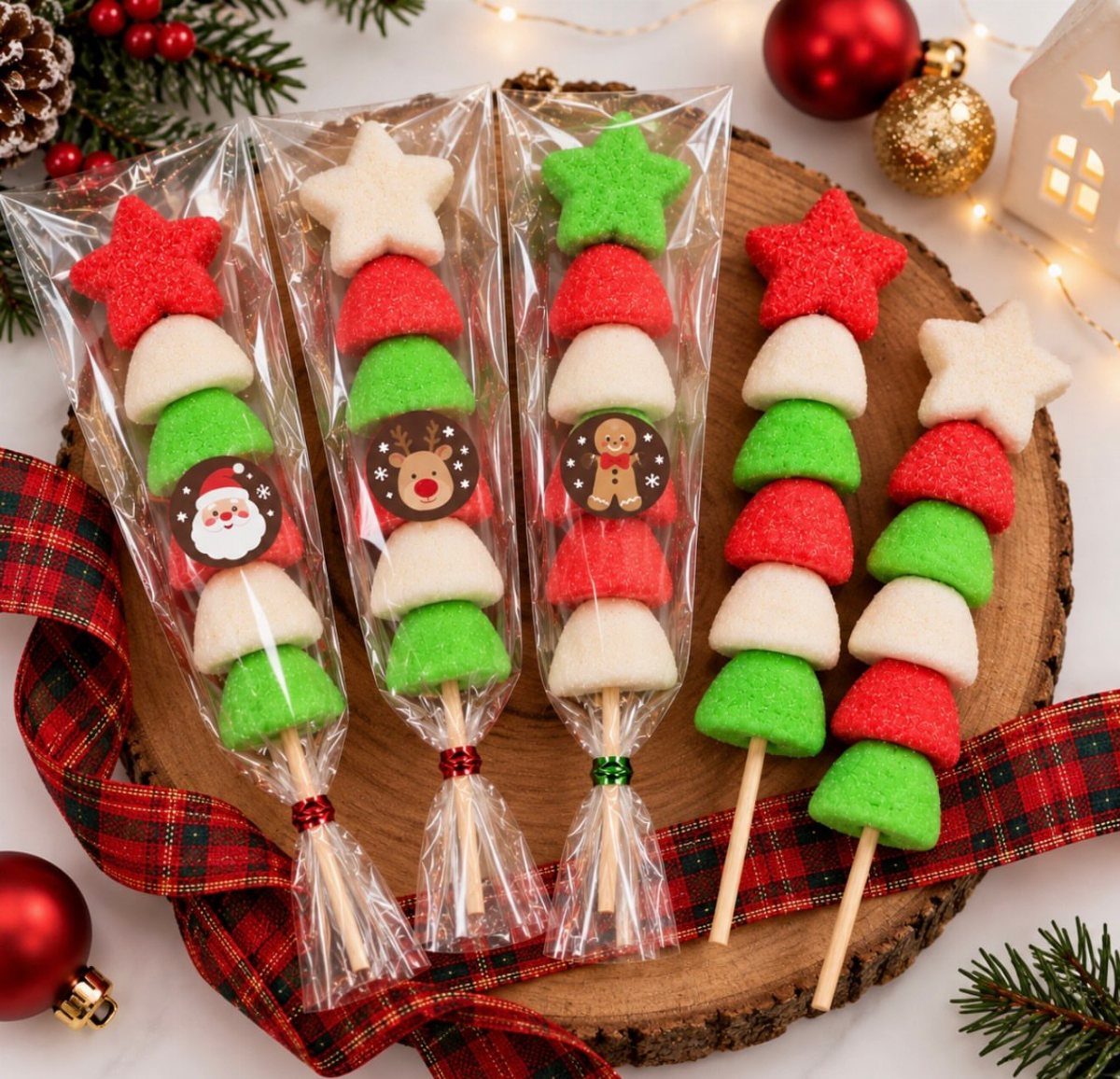 Christmas marshmallow pops shaped like trees and stars on a wooden slice.