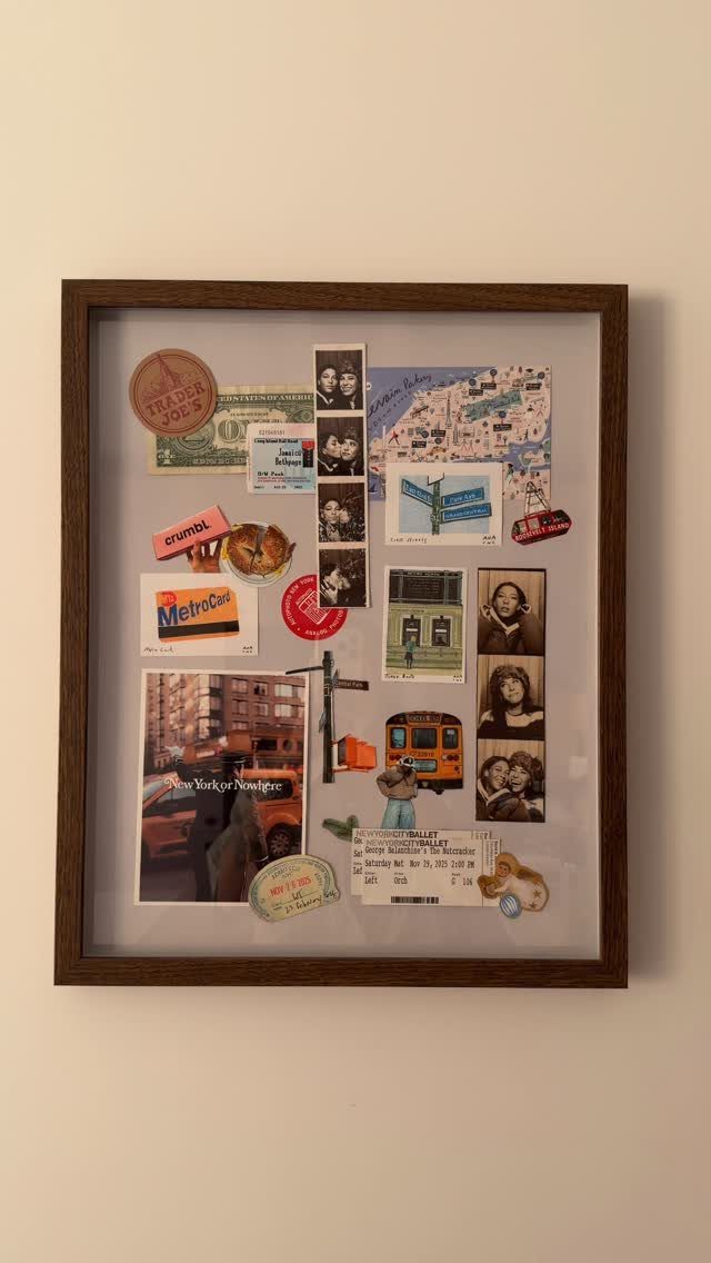 Shadow box frame containing a collage of personal photographs, tickets, and travel mementos.