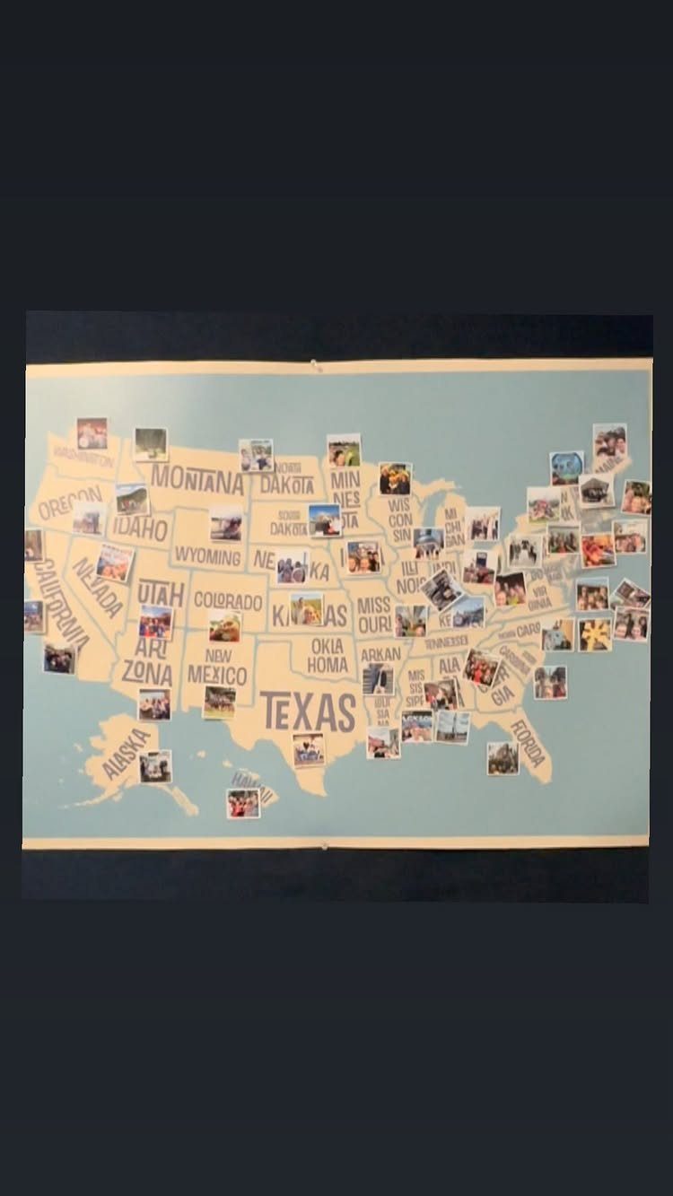 Map of the United States with small personal photographs pinned to different states.