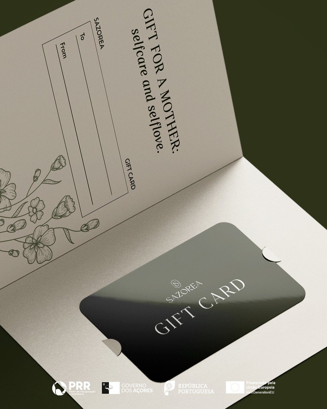 Black gift card inside a cream folding card with floral illustrations for a mother.