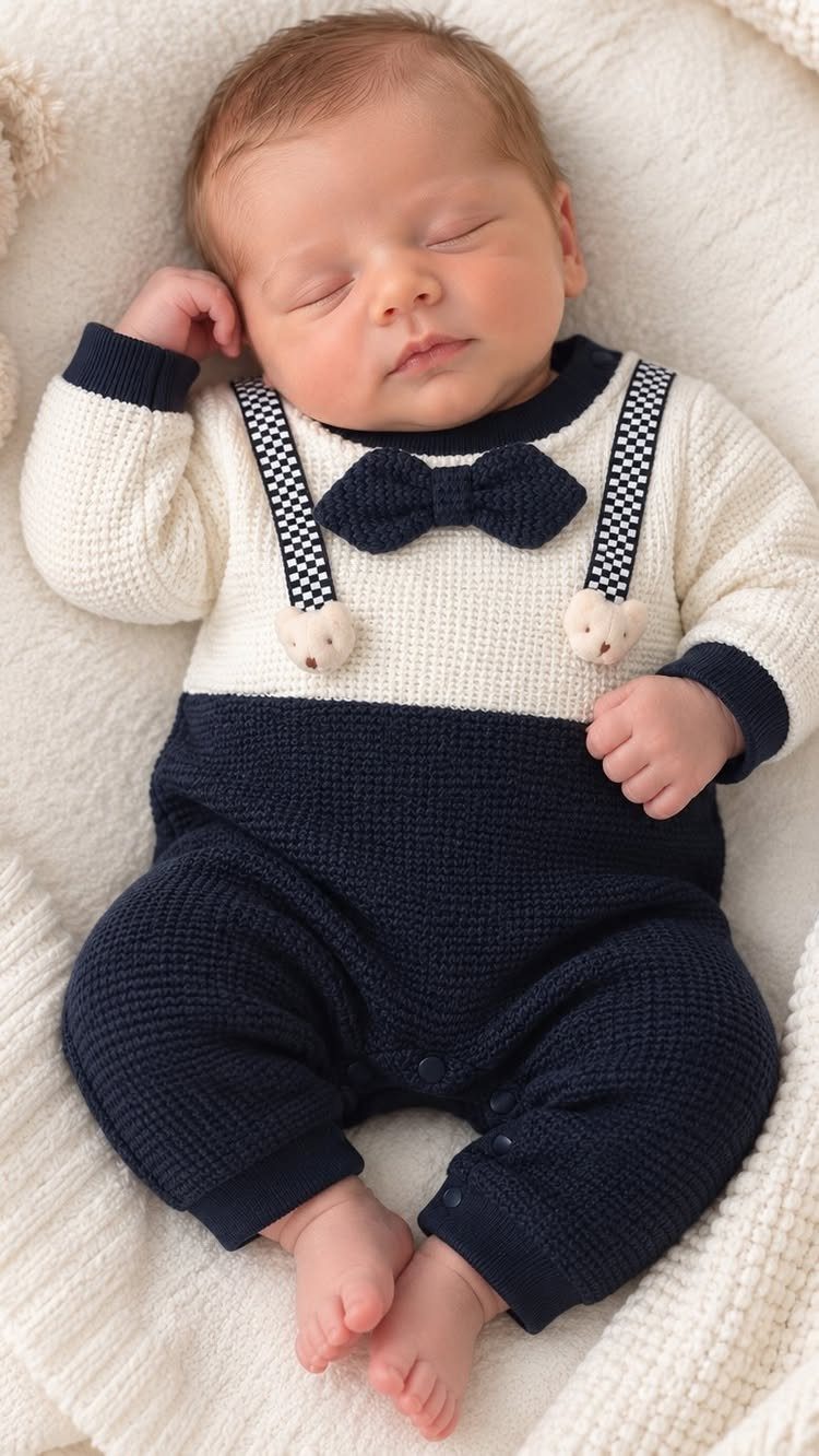 Sleeping newborn baby wearing a navy blue and white knitted bow tie outfit