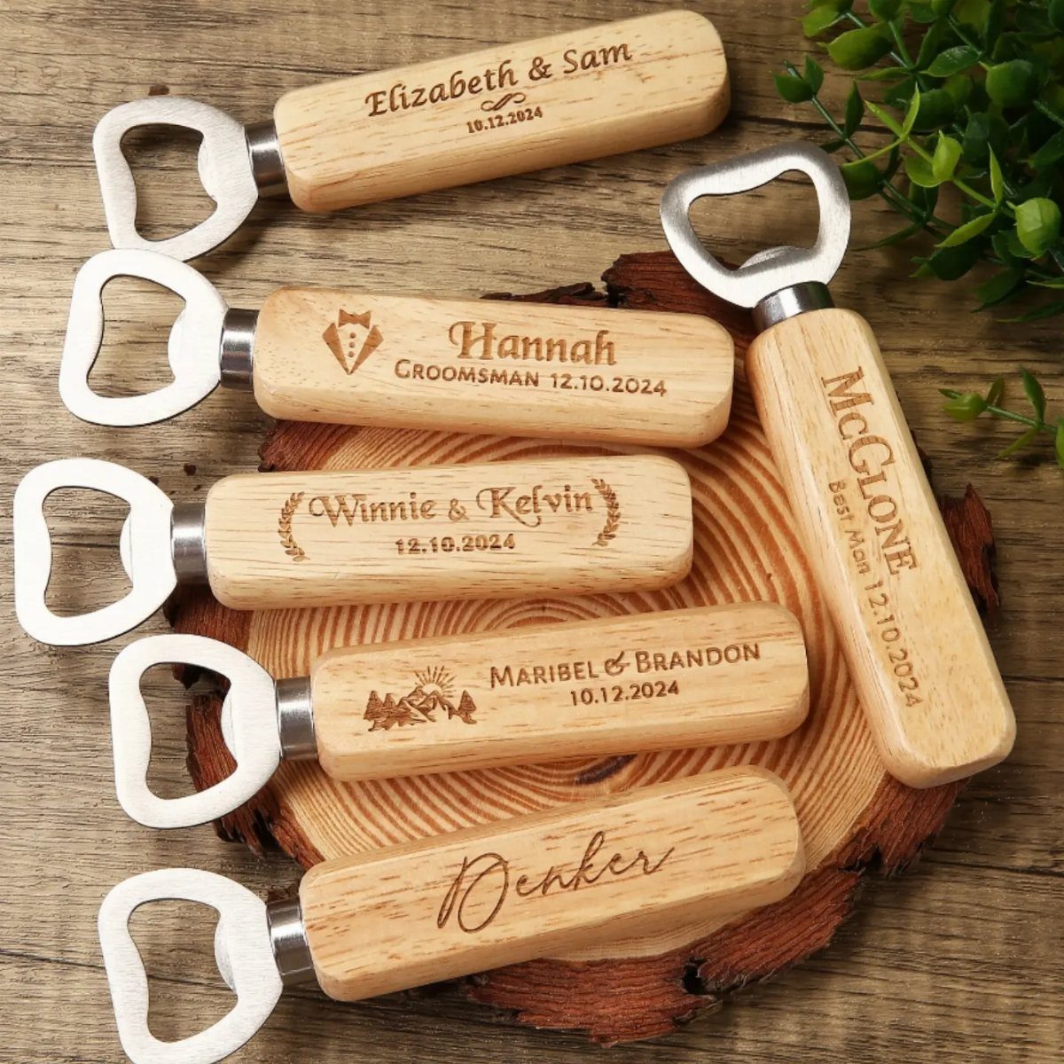 Personalized wooden bottle openers with engraved names resting on a rustic wood slice.