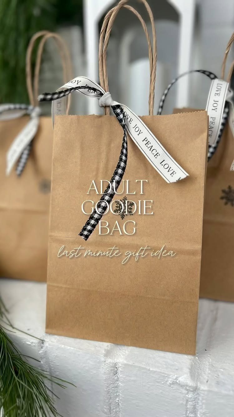 Brown kraft paper adult goodie bags with checkered ribbons and twine handles.