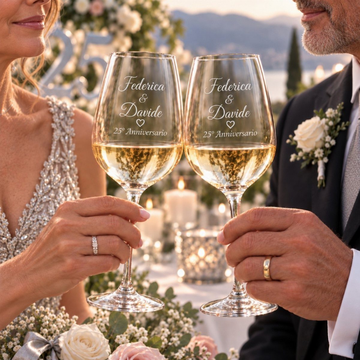 Couple holding engraved wine glasses celebrating their 25th wedding anniversary with white flowers.