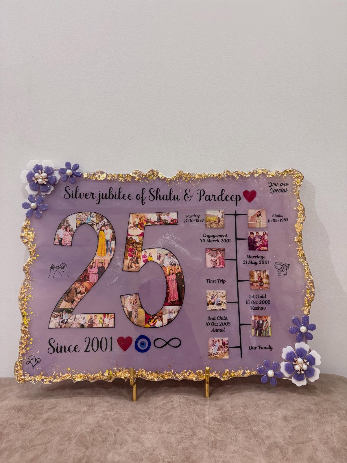 Purple resin anniversary art print with gold edges and photo collage number 25