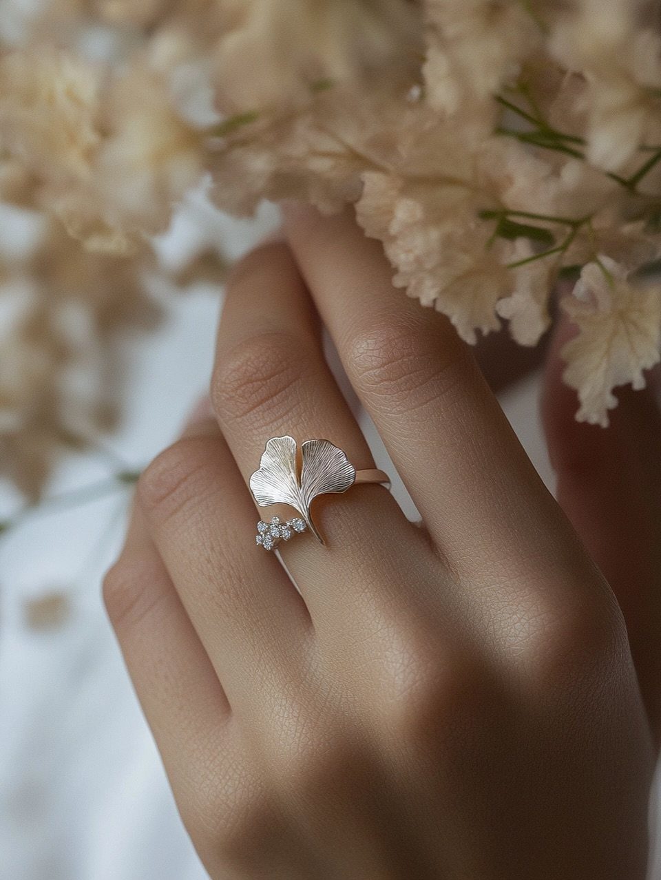 Silver ginkgo leaf ring on a finger with blurred white flowers in background