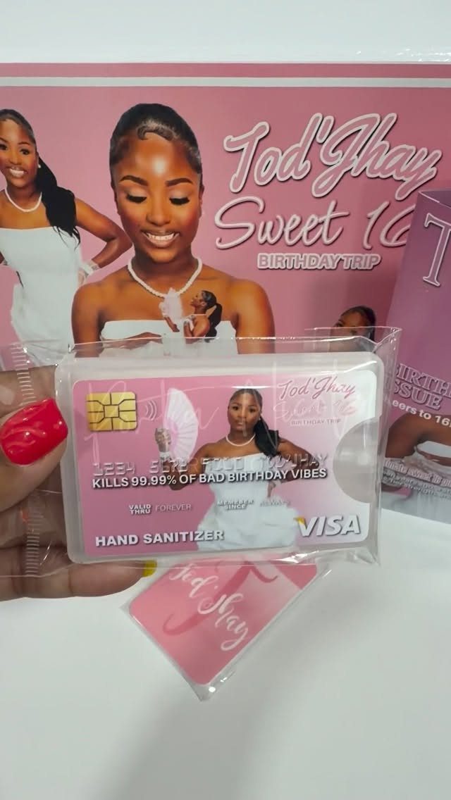 Hand sanitizer bottle designed as a pink credit card for a sweet 16 party.
