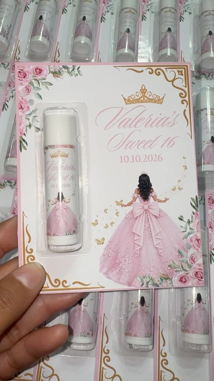 Personalized lip balm tube on a pink card for Valeria's Sweet 16 party.