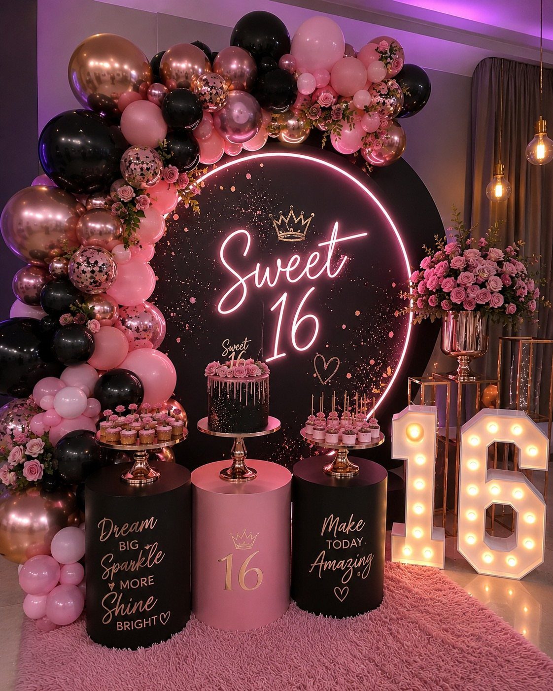 Sweet 16 party decorations with pink and black balloons and illuminated numbers