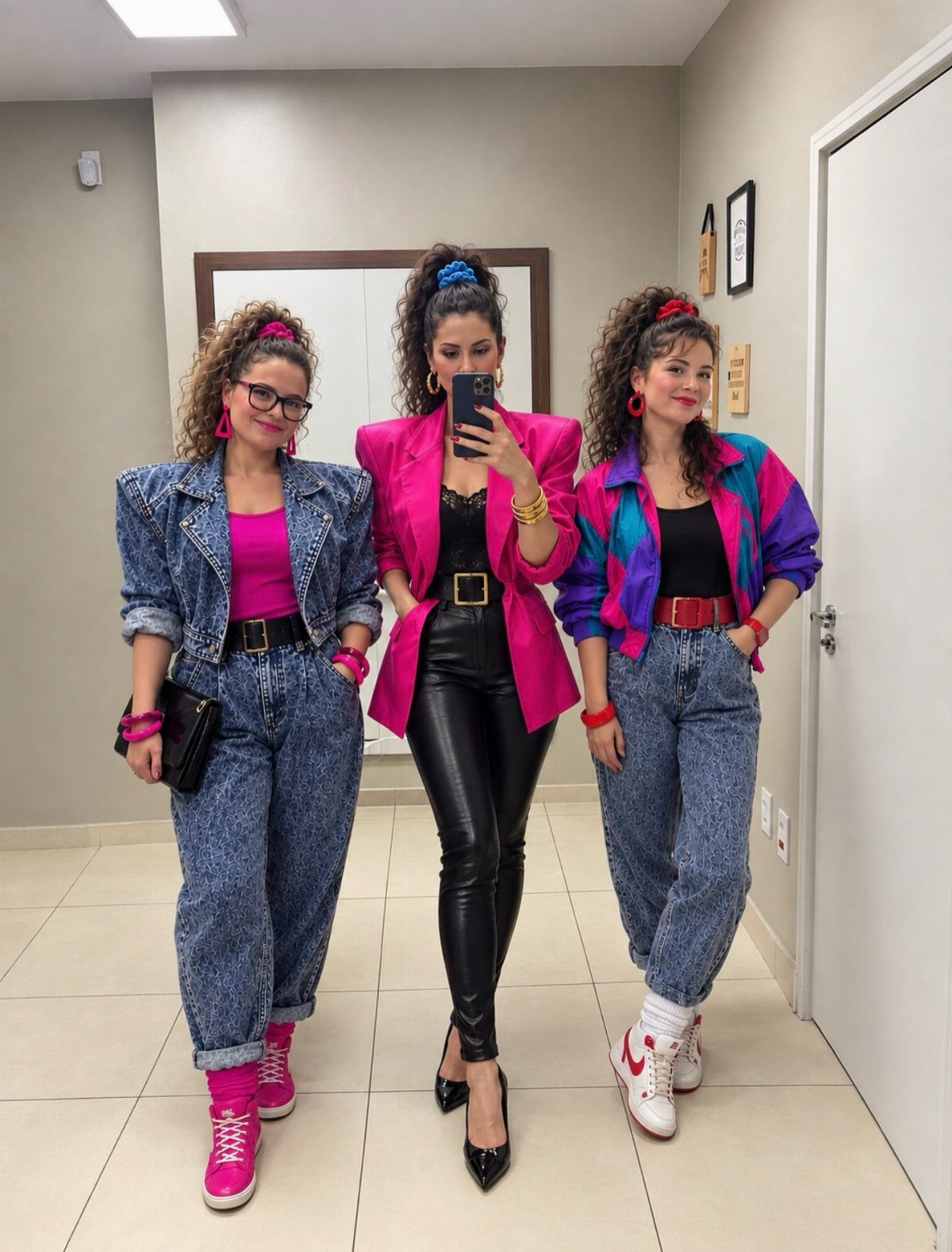 Three women wearing colorful 1980s fashion, including oversized denim and bright blazers.