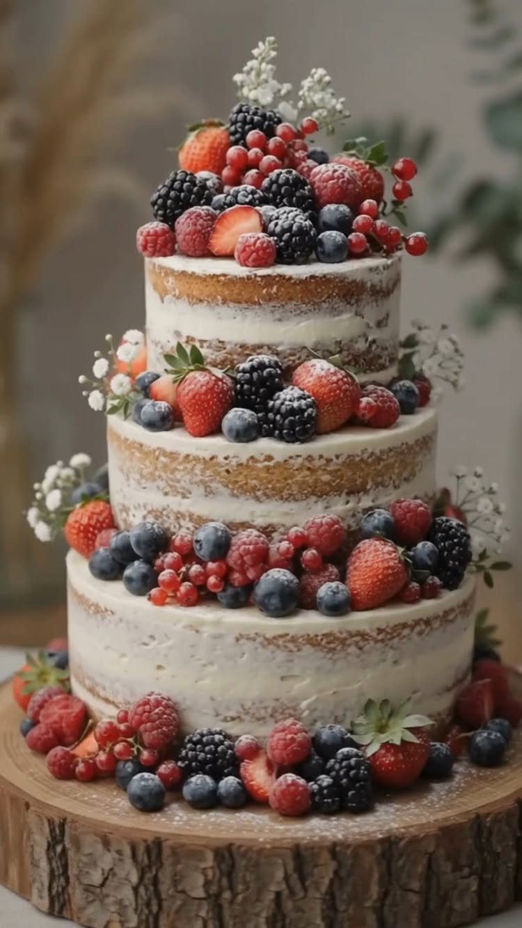 Three-tier naked cake decorated with fresh berries and white flowers on wooden base