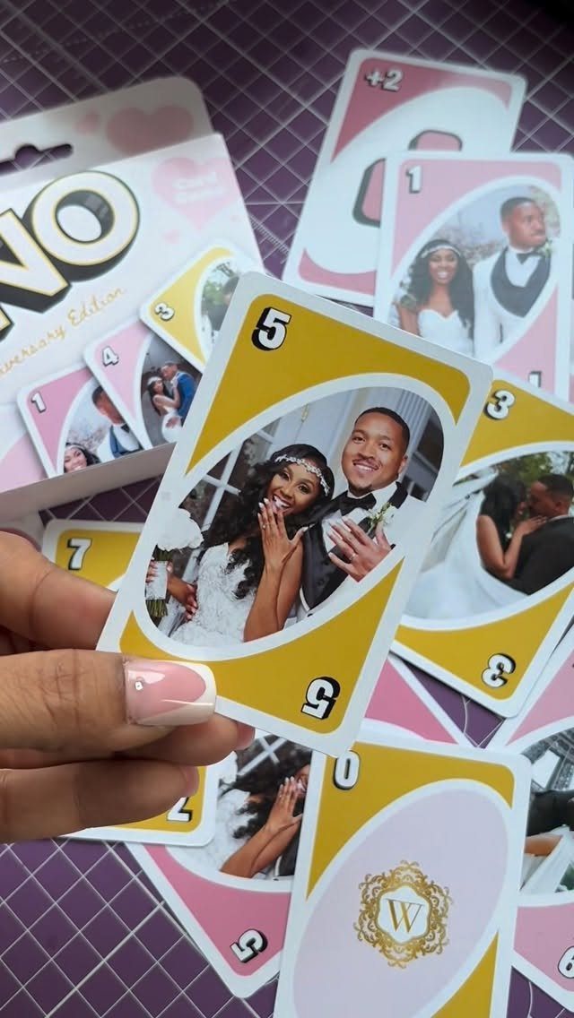 Custom Uno cards featuring wedding photos of a couple on a purple background