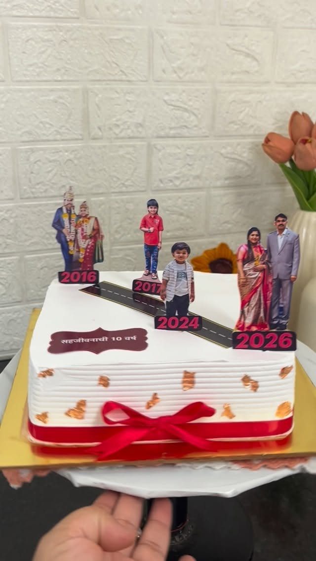 White anniversary cake with family photo cutouts on a timeline road decoration.