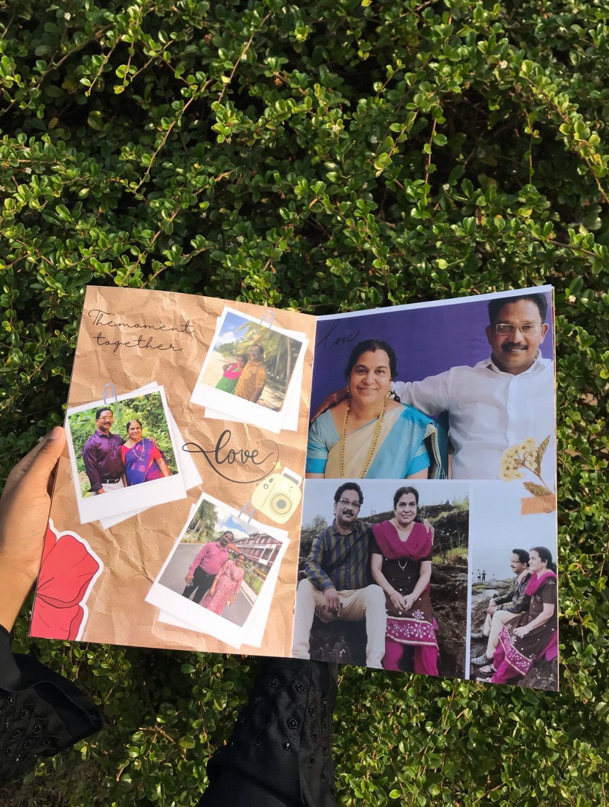 Handmade scrapbook with photos of a couple and handwritten notes over green leaves